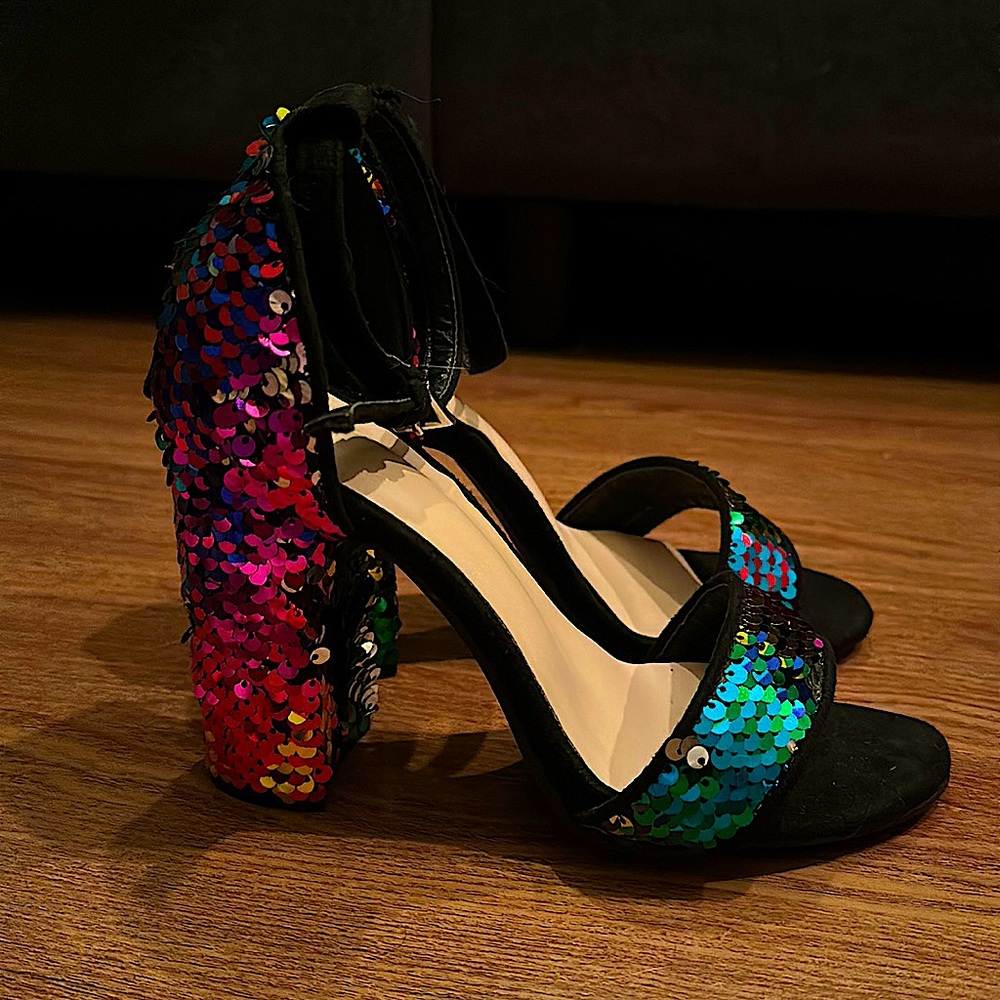 Colorful Sequin & Black Suede - Chunky Heals with ankle strap support 🌈